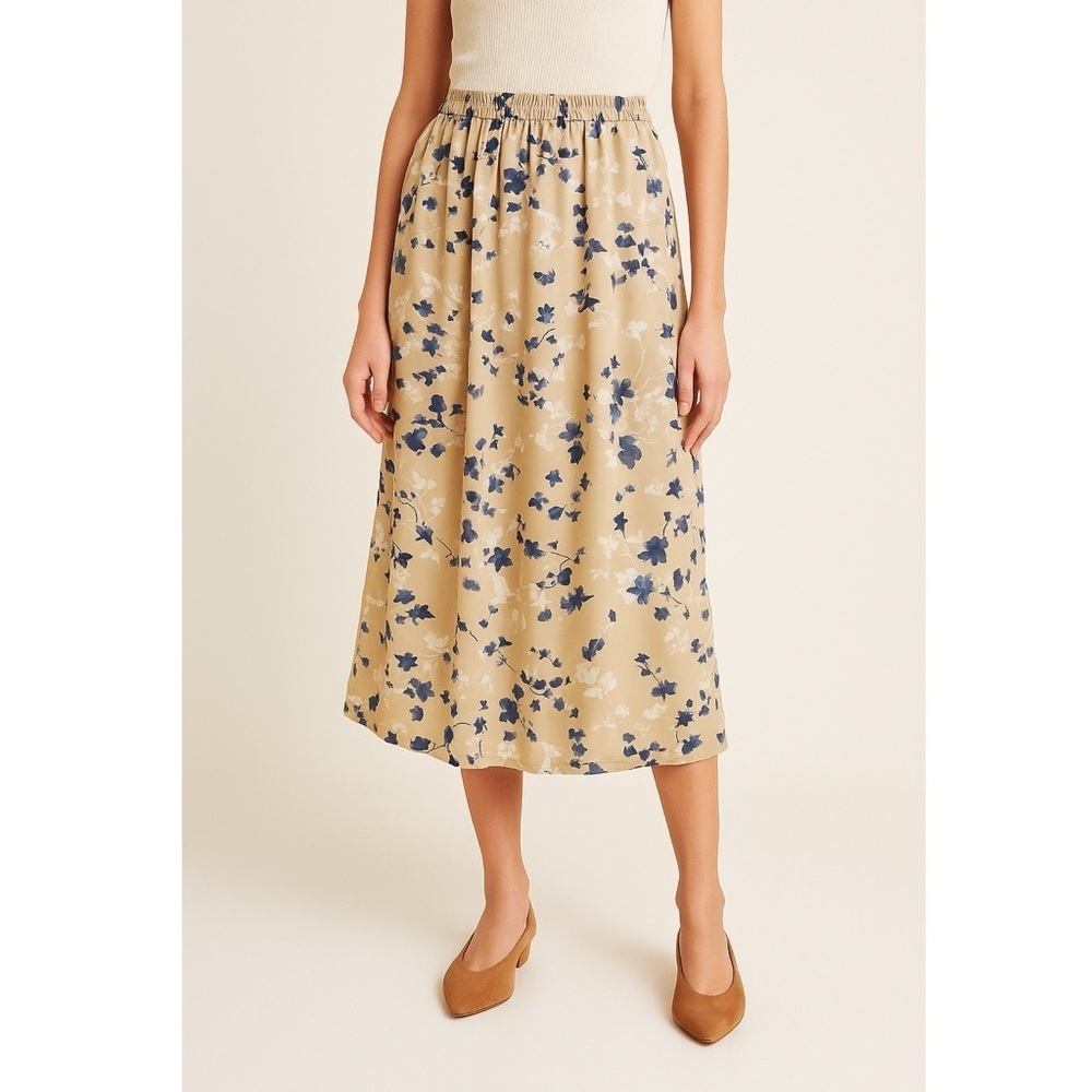 Positive Attitude Beige Navy Floral Midi Skirt Elastic Waist Lined 16 Petite